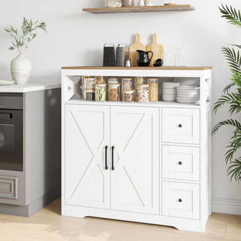 Buffet, Meuble de Rangement avec Tiroir, Meuble de Cuisine, avec Portes, Style Campagne, pour Salon, cuisine, 100x40x105cm, Blanc Rustique et Marron