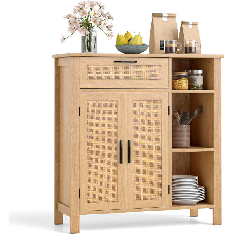 Buffet, Meuble de Rangement Bohème avec Portes en Rotin Tressé, avec Tiroir, Étagère Réglable et Compartiments Ouverts pour Cuisine, Salon, Naturel