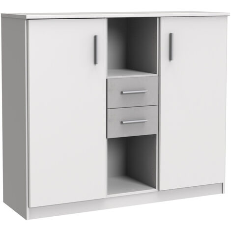 Buffet, meuble de rangement coloris Blanc, rechampis teinte béton gris clair - longueur 122 x hauteur 105 x profondeur 41 cm -PEGANE-