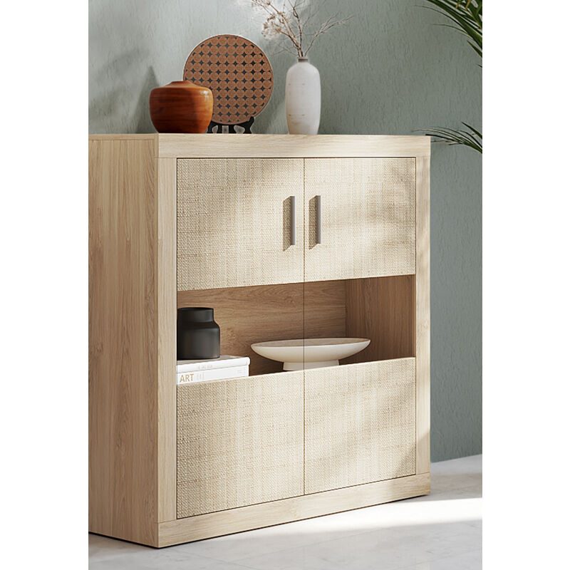 Buffet, meuble de rangement coloris chêne cambrian/effet textile - Longueur 110 x profondeur 34,6 x hauteur 110 cm Pegane