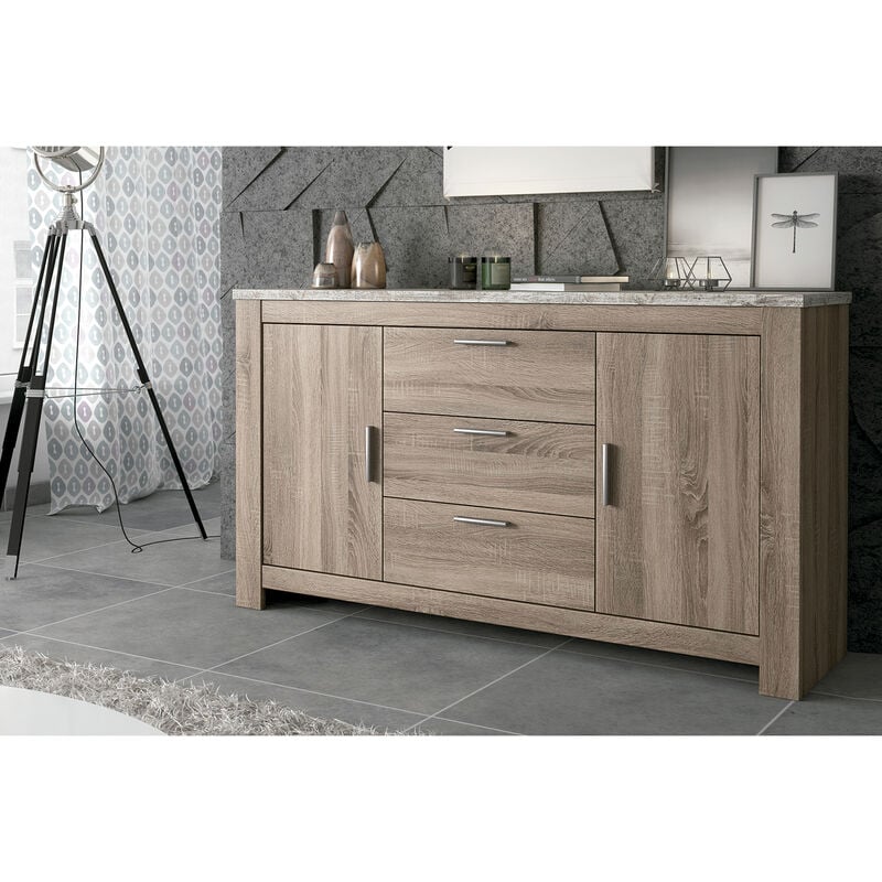 Buffet, meuble de rangement coloris Chêne truffé, blanc vieilli - Longueur 160 x Profondeur 45 x Hauteur 90,5 cm Pegane