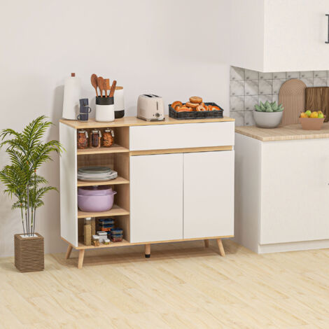 Buffet meuble de rangement cuisine style scandinave 1 placard double porte 1 tiroir et 4 niches étagères réglables blanc