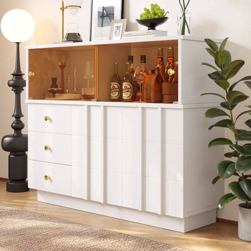 Yoleo - Buffet Meuble de rangement élégant 120 x 33 x 95cm,Armoire buffet pour cuisine,3 Tiroirs + 3 Étagères,Portes en verre fumé,Blanc