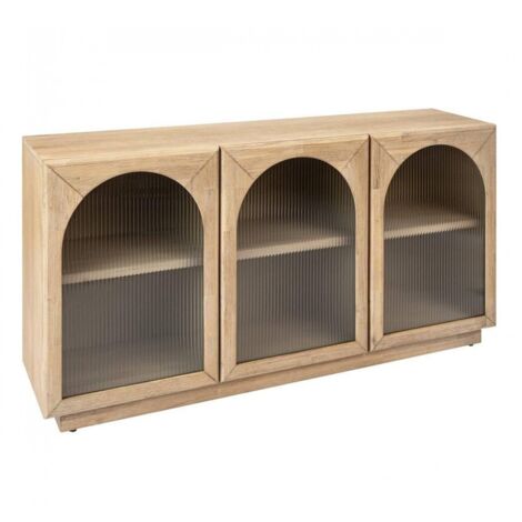 Buffet meuble de rangement en bois avec 3 portes en verre et étagères ajustables, coloris beige - Longueur 160 x Profondeur 40 x Hauteur 80 cm