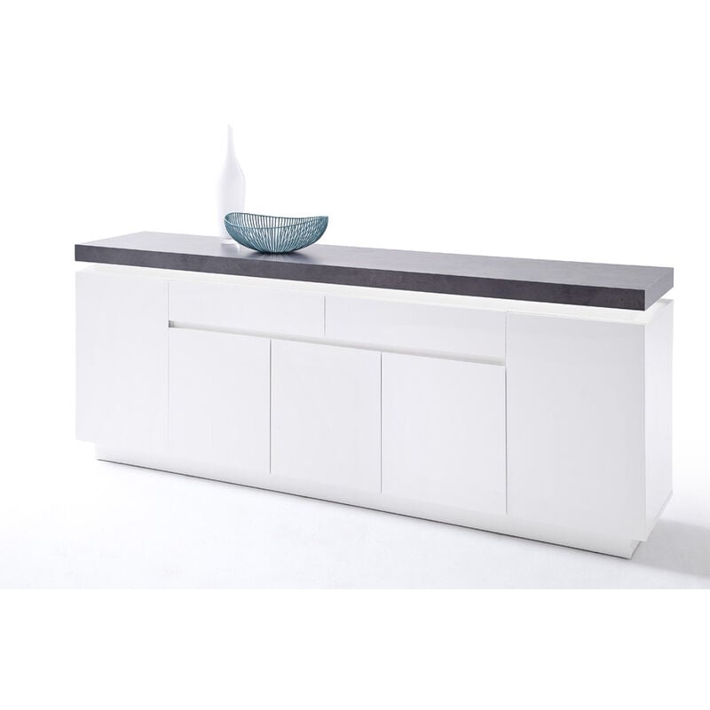 Buffet, meuble de rangement en bois coloris blanc, gris béton - Longueur 200 x Hauteur 80 x Profondeur 40 cm Pegane