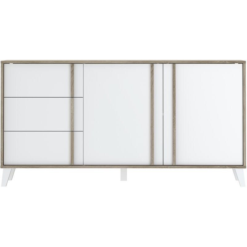 Buffet, meuble de rangement en mélamine coloris chêne et blanc - Longueur 160 x Profondeur 45 x Hauteur 82 cm Pegane