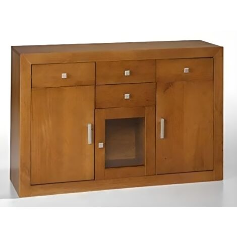 Buffet meuble de rangement en pin massif coloris cerisier - Longueur 130 x Profondeur 42 x Hauteur 86 cm