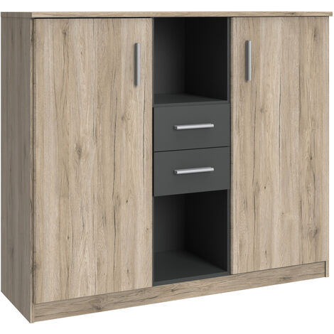 Buffet, meuble de rangement Imitation chêne San Remo, rechampis graphite - longueur 122 x hauteur 105 x profondeur 41 cm -PEGANE-