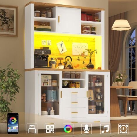 Buffet / Meuble de rangement / Meuble de cuisine multifonctionnel, 120 x 40 x 188 cm, style campagnard, 4 portes, avec éclairage LED, 6 tiroirs et 3 portes, blanc aspect bois