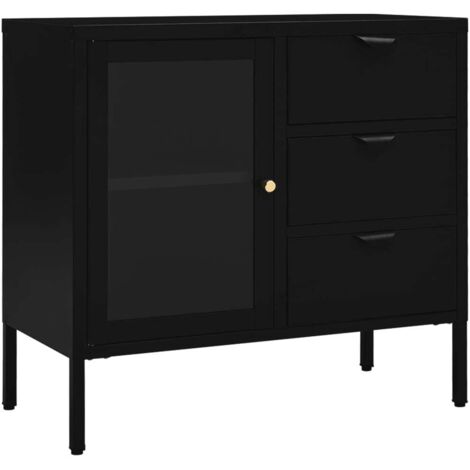 Buffet Meuble de rangement Noir 75x35x70 cm Acier et verre trempé
