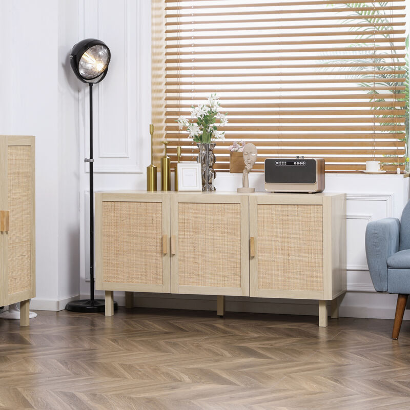 Buffet Meuble de Rangement Placard 3 Portes avec étagère réglable Effet cannage Style bohème - 136 x 41 x 70 cm