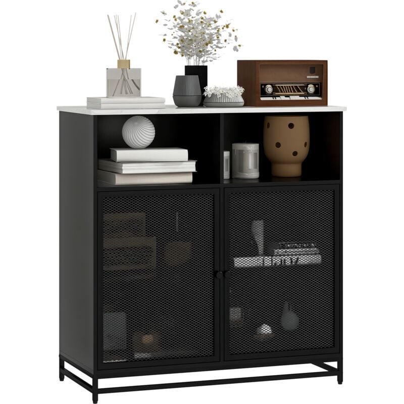 Homcom - Buffet meuble de rangement plateau aspect marbre et double porte grillagée, pour le salon ou la cuisine, 86 x 40 x 90 cm, noir