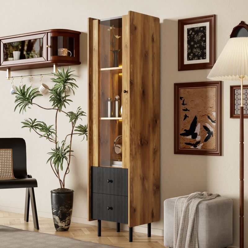 Buffet haut en grain de bois noir, meuble de rangement avec porte vitrée, éclairage led et 2 tiroirs, 180x44x40 cm