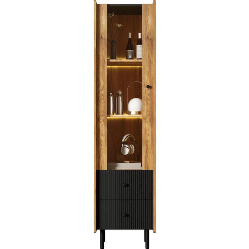 Redom - Buffet, meuble haut en grain de bois noir - 180 x 44 x 40 cm avec porte vitrée, éclairage led jaune, 2 tiroirs