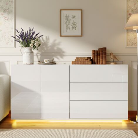 Buffet - Meuble TV, deux portes, trois tiroirs, finition brillante, H.76 x l.160 x P.35 cm - éclairage intelligent LED multicolore - blanc