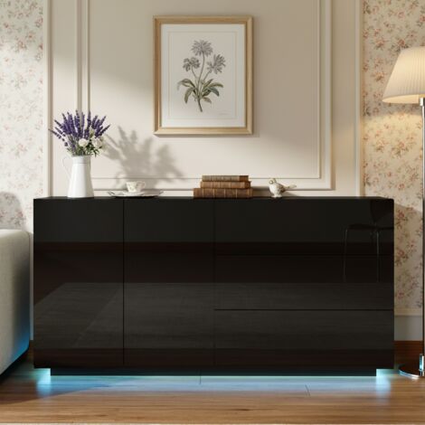 Buffet - Meuble TV, deux portes, trois tiroirs, finition brillante, H.76 x l.160 x P.35 cm - éclairage intelligent LED multicolore - noir