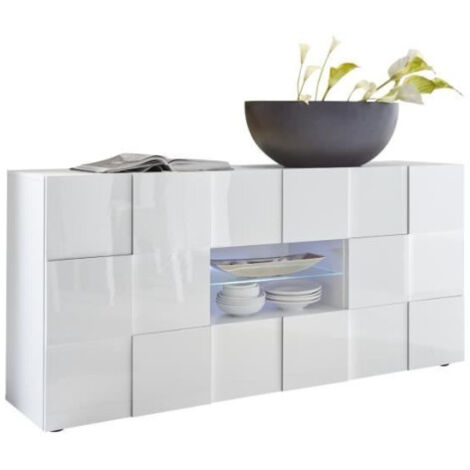 Buffet MILANO - Décor blanc laqué brillant - 2 portes 2 tiroirs - L181 x P43 x H84 cm