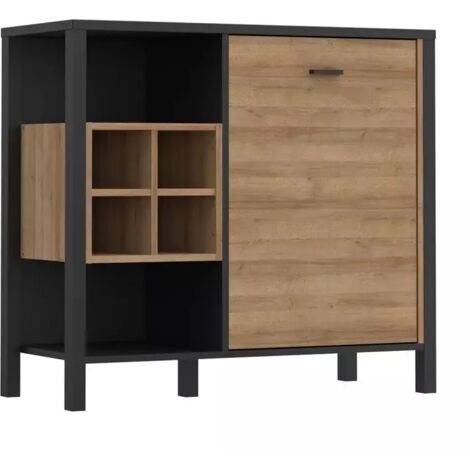 Buffet mini bar décor noir effet chêne avec poignée noir - MODE