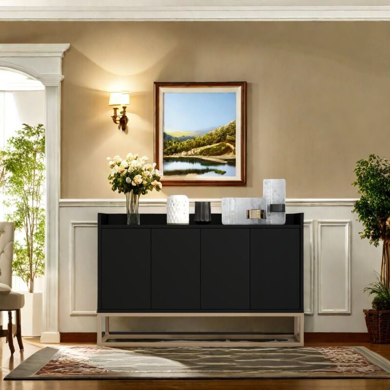 Buffet minimaliste avec 4 portes sans poignées,meuble de cuisine,meuble d'entrée,120x30x80cm,meuble de rangement,noir