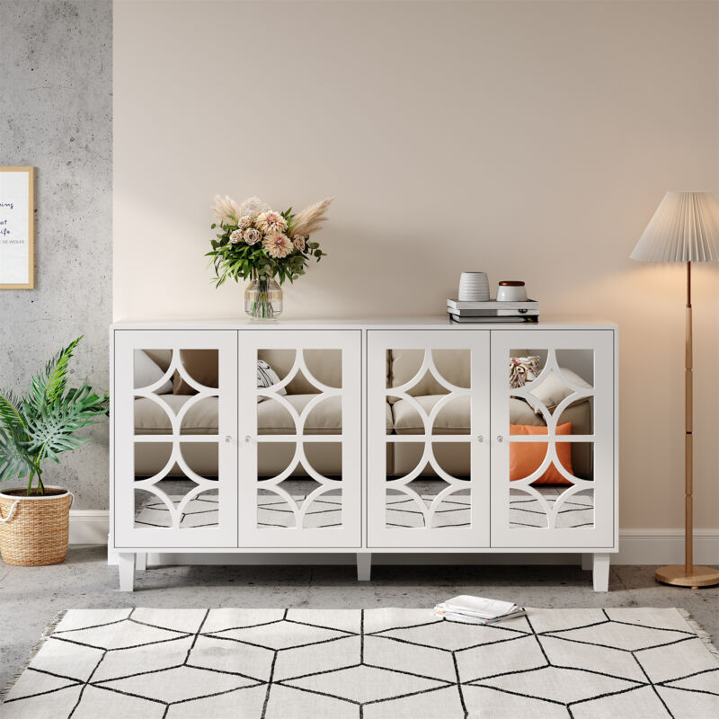 Buffet miroir 160 x 40 x 85 cm, 4 portes avec stratifié amovible, salon/salle à manger, blanc