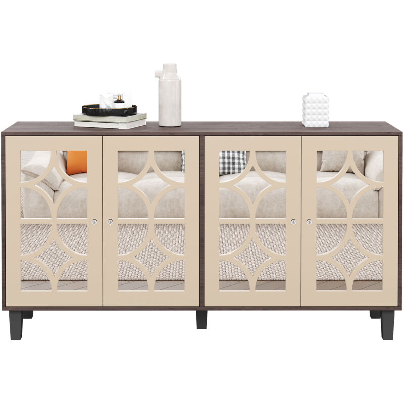 Buffet miroir avec poignées en cristal cool, 4 portes, avec stratifié amovible, adapté au salon et à la salle à manger, 160 x 40 x 85 cm