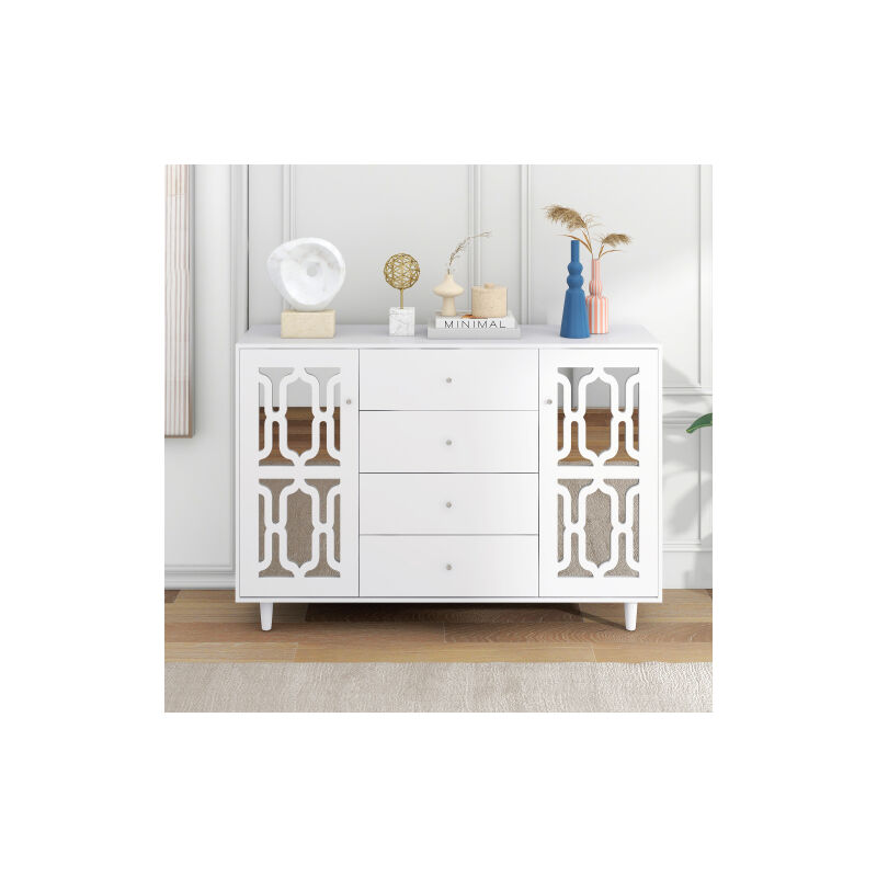 Buffet miroir blanc avec poignée en cristal froid pour salon et salle à manger 147,5 x 40 x 102cm