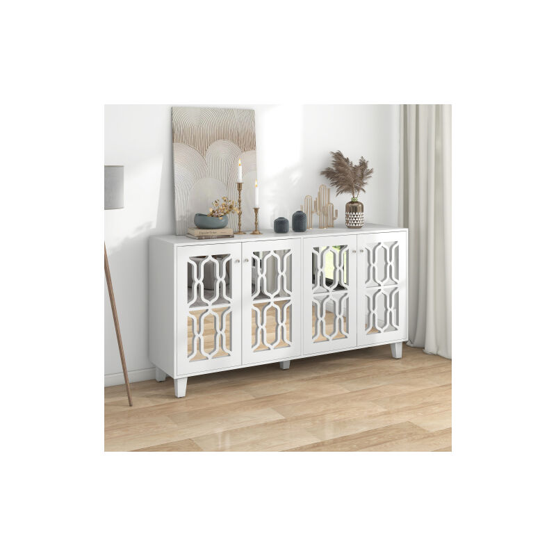 Buffet miroir blanc avec poignée en cristal froid, quatre portes avec lamelles amovibles. Convient pour le salon et la salle à manger, 160 x 40 x 84cm