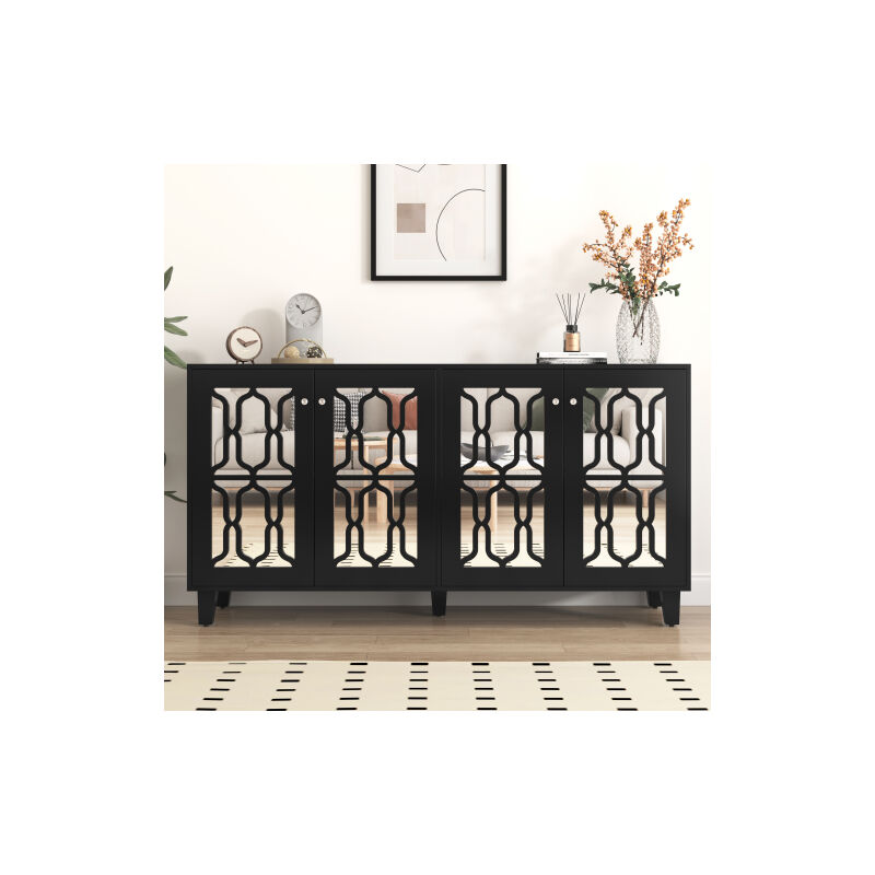 Buffet miroir noir avec poignée en cristal froid, quatre portes avec lamelles amovibles. Convient pour le salon et la salle à manger, 160 x 40 x 84cm