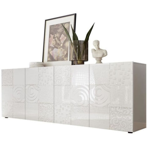 Buffet - MIRONA - 4 portes - Blanc laqué brillant avec serigraphie - 241 x 43 x 84 cm