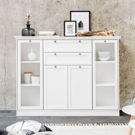 Buffet mobile avec vitrine 4 portes 2 tiroirs blanc 160x40xh.120cm
