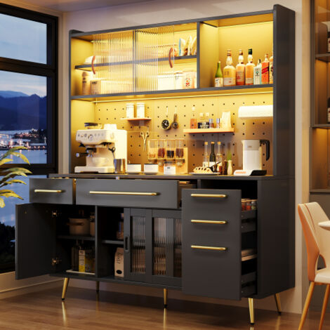 Armadio Buffet Alto Con Luci LED E Ante In Vetro – 120x35x167 Cm, Ripiani Regolabili, App E Sincronia Musicale Per Cucina E Soggiorno