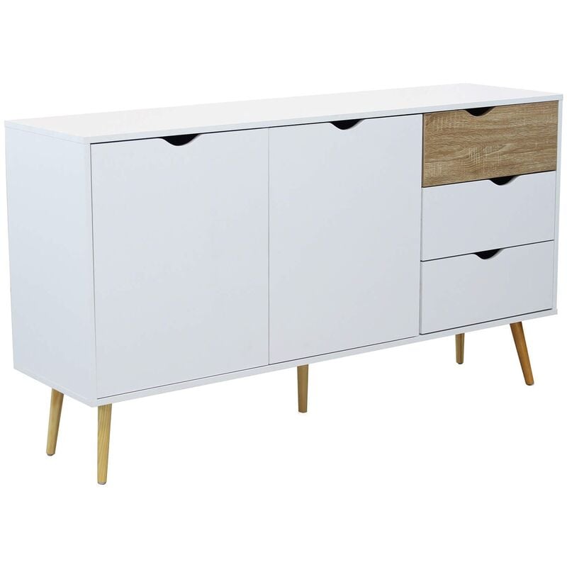 Buffet mobile dans une carte en bois intérieure avec 2 portes et 3 tiroirs 147x39x82h cm blanc naturel