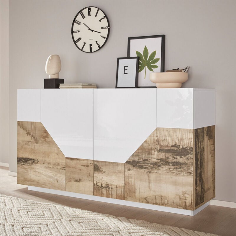 Web Furniture - Buffet salon 160x43cm 4 compartiments cuisine bois blanc His Wood