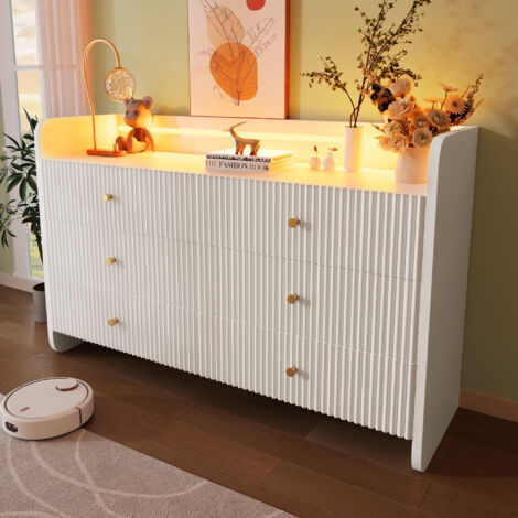 Buffet moderne 120x40x75 cm 6 tiroirs LED rainuré vague, meuble rangement salon chambre design contemporain blanc élégant