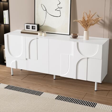 MODERNLUXE Buffet moderne 160 x 38,5 x 70 cm - 4 portes - Pieds en métal - MDF + panneaux de particules - Blanc