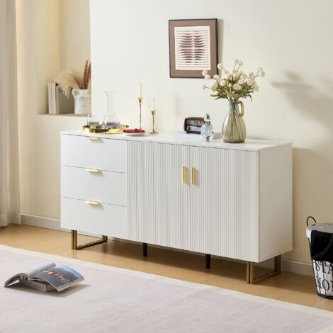Buffet moderne 2 portes 3 tiroirs, meuble MDF élégant avec aluminium doré et pieds en acier robuste, rangement chic pour salon ou salle à manger – 160 ×