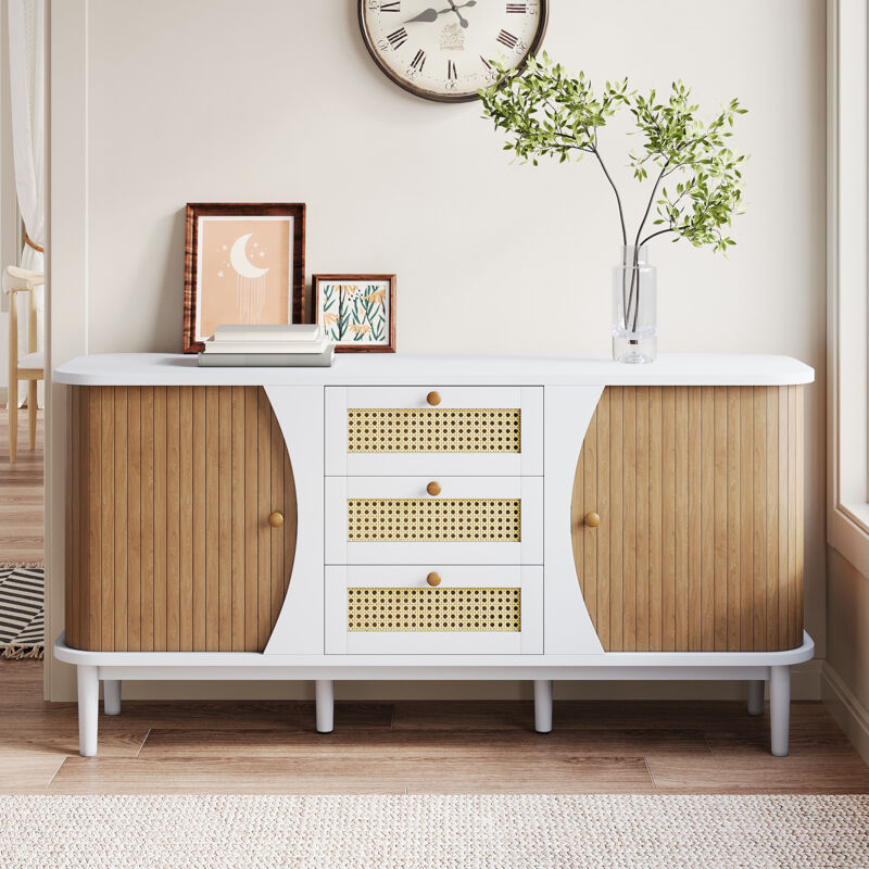 Modernluxe - Buffet moderne - 2 portes en rotin avec 3 tiroirs - Blanc