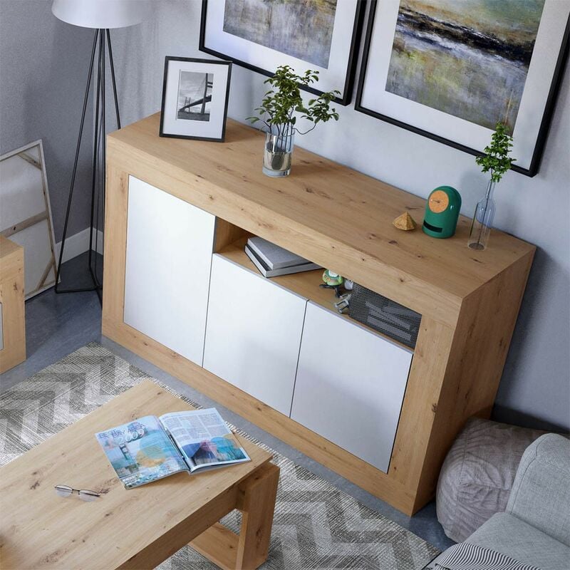 Buffet Baltik 3 portes 144 cm (largeur) x 87 cm (hauteur) x 42 cm (profondeur) - Chêne Nodi - Artik Blanc