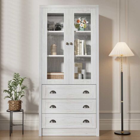 Buffet moderne 80x34x171 cm, finition bois avec portes en verre, 3 tiroirs et poignées en cuivre
