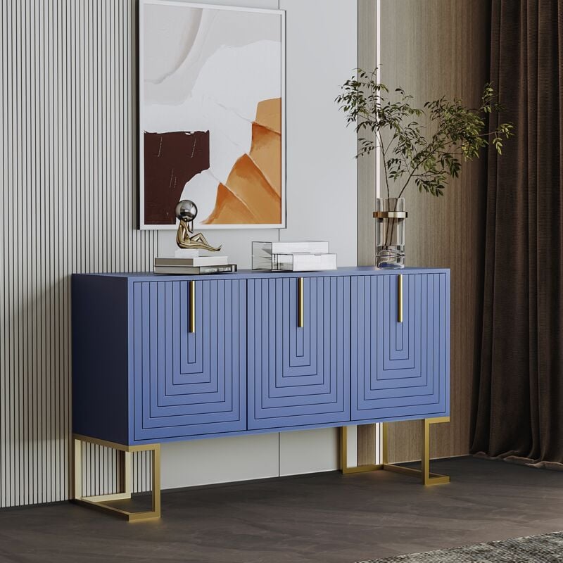 Buffet moderne à 3 portes avec étagères réglables, portes d'armoire en forme de u, poignées et base en métal pour salle à manger et cuisine (bleu