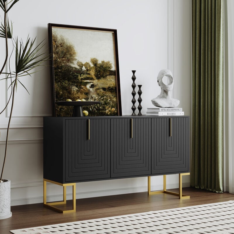 Buffet moderne à 3 portes avec étagères réglables, portes d'armoire en forme de u, poignées et base en métal pour salle à manger et cuisine (noir)
