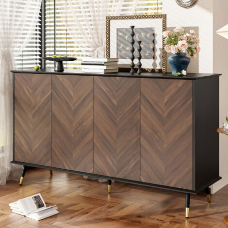 Buffet moderne à motif chevrons – Meuble buffet à 4 portes et étagères réglables en hauteur – MDF et pieds en métal – Espace de rangement pour le salon, l'entrée et la salle à manger