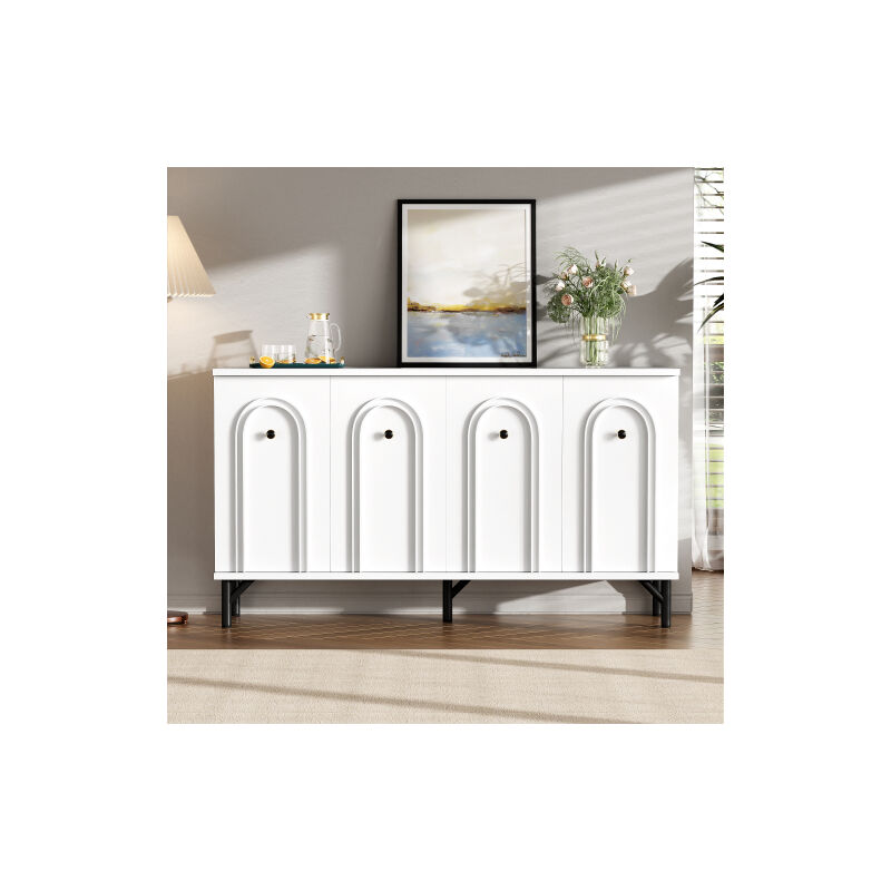 Buffet moderne à quatre portes – blanc, 140 cm – design élégant, avant voûté en 3D, étagères réglables – Rangement polyvalent dans le salon, la salle