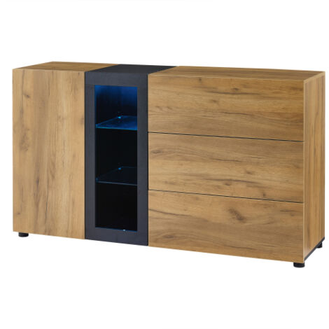 Buffet moderne avec 3 tiroirs, meuble de rangement avec vitrine en verre, console d’appoint pour salon ou salle à manger, largeur 140 cm