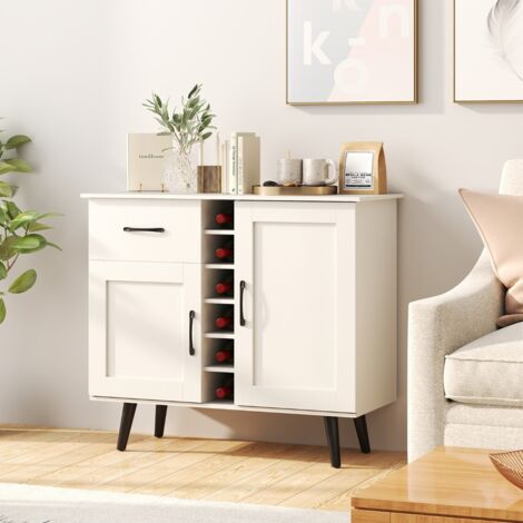 Buffet Moderne avec Casier à Vin pour 6 Bouteilles 1 Tiroir 2 Portes et 2 Etagères Réglables Meuble de Rangement d'Appoint Blanc