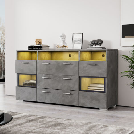 Buffet Moderne avec Éclairage LED et Portes en Acrylique Transparent, Combinant 2 Portes, 3 Tiroirs et un Rangement Ouvert, Meuble d‘Angle ou Bas Fonctionnel, Gris, 140 x 33.5 x 72.5 cm