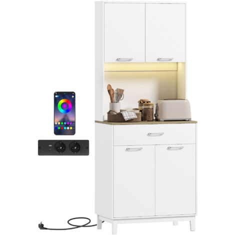Buffet moderne avec éclairage LED, prises électriques et USB, 2 placards et tiroir, 71x40x180 cm, blanc