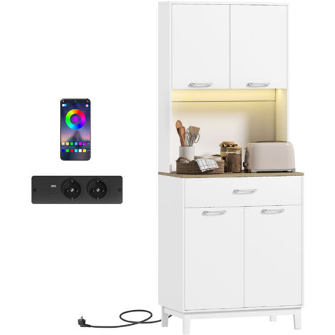Buffet Moderne avec Éclairage LED, Prises et Ports USB, 2 Portes et Tiroir, 71x40x180 cm, Blanc