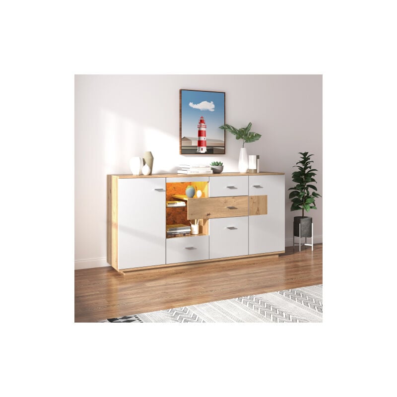 Buffet moderne avec led, 160x40x77cm, 2 portes, 4 tiroirs, étagère en verre, aspect bois, blanc, armoire polyvalente Redom