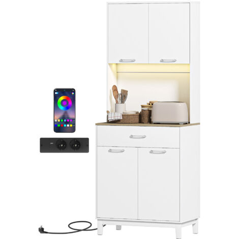 Buffet Moderne avec LED, Prises Électriques et USB, 2 Placards et Tiroir, 71x40x180 cm, Blanc